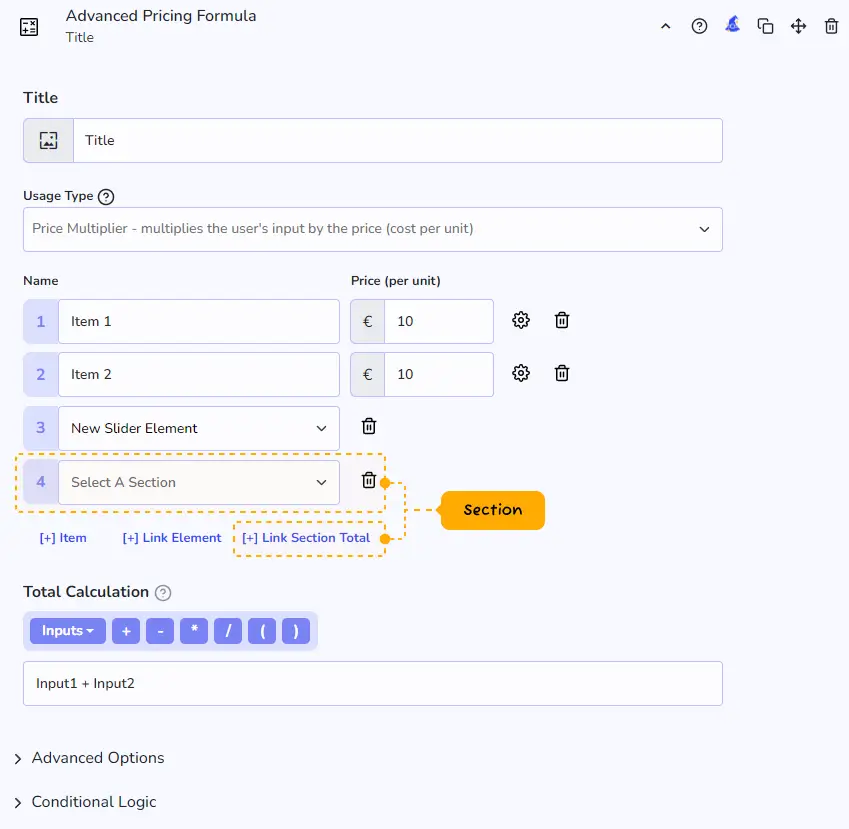 Advance pricing formula link section total