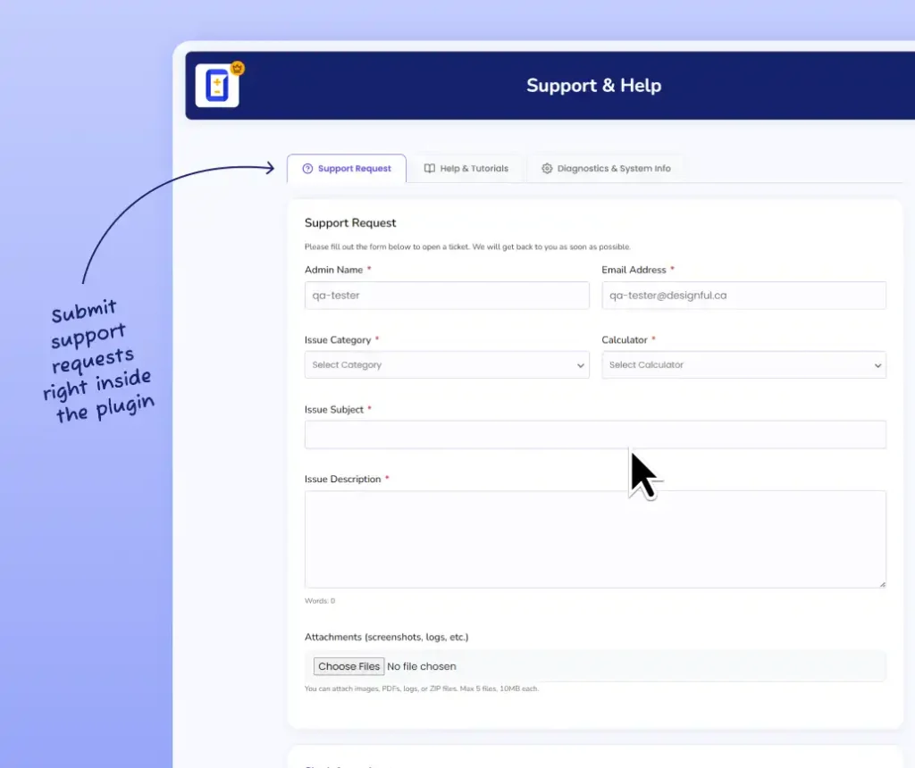 In App support contact form