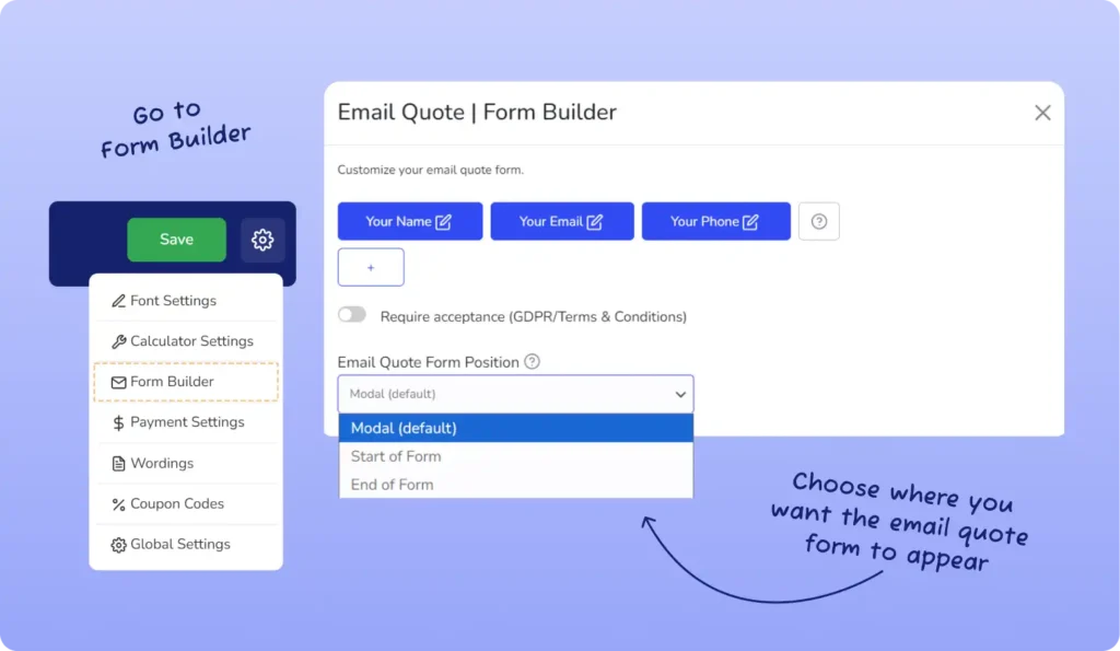 Email Quote Form Position Setting